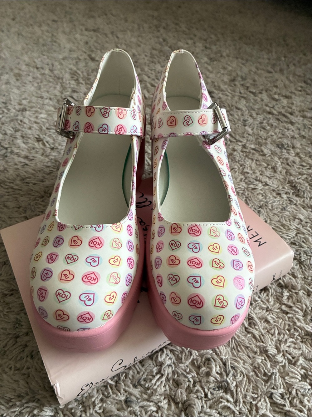 koi White Mary Jane Platform Heels with Pink Soles and Multicolor Heart Print - Picture 2 of 7